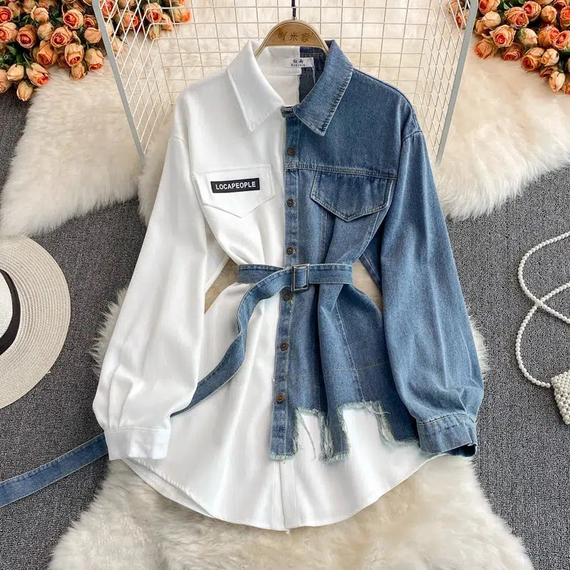 Women's Puff Sleeve Turn Down Collar Denim Dress