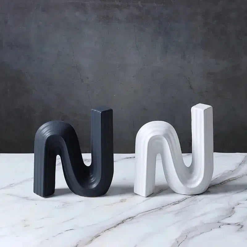 Ceramic Crafts Striped Geometric Sculpture Black and White N-shaped Pipeline Curved Geometric Ceramic Handicraft Ornaments-Arlik interiors