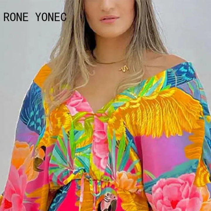 Womens Floral Pattern Short Batwing Sleeves Rompers-Dresses-Bennys Beauty World