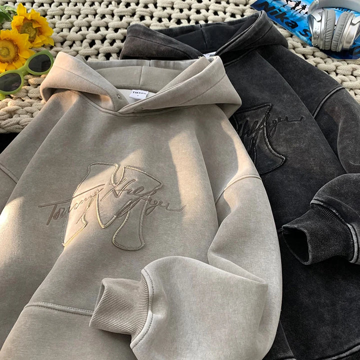 Retro Washed Hooded Sweatshirt 2025 New Fall Winter Street Style Men Hoodie Letters Embroidery Loose Hooded Top Oversize Hoodies