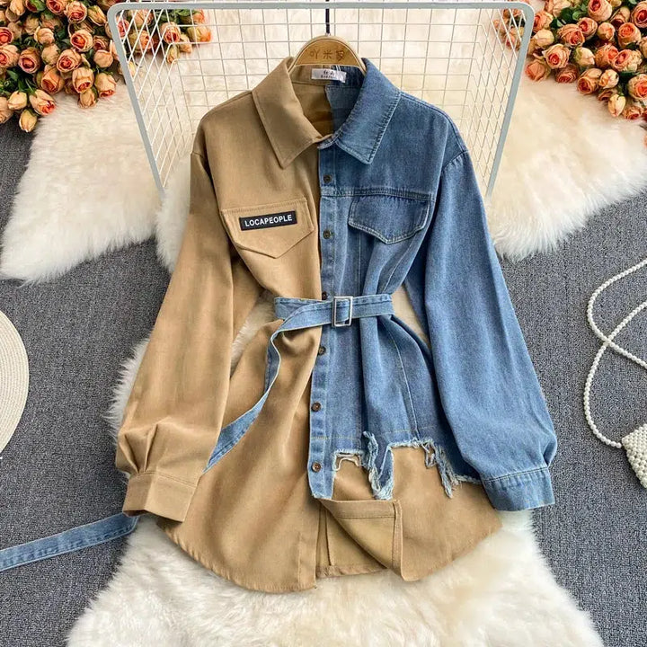 Women's Puff Sleeve Turn Down Collar Denim Dress