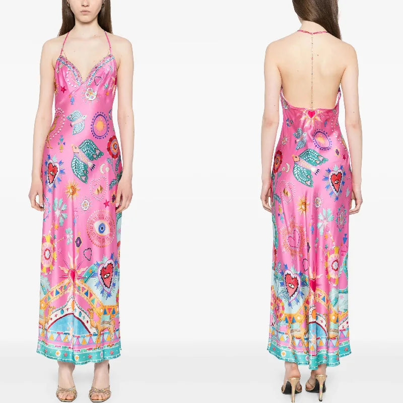 Women Elegant Satin Floral Beach Vacation Dress-Dresses-Bennys Beauty World