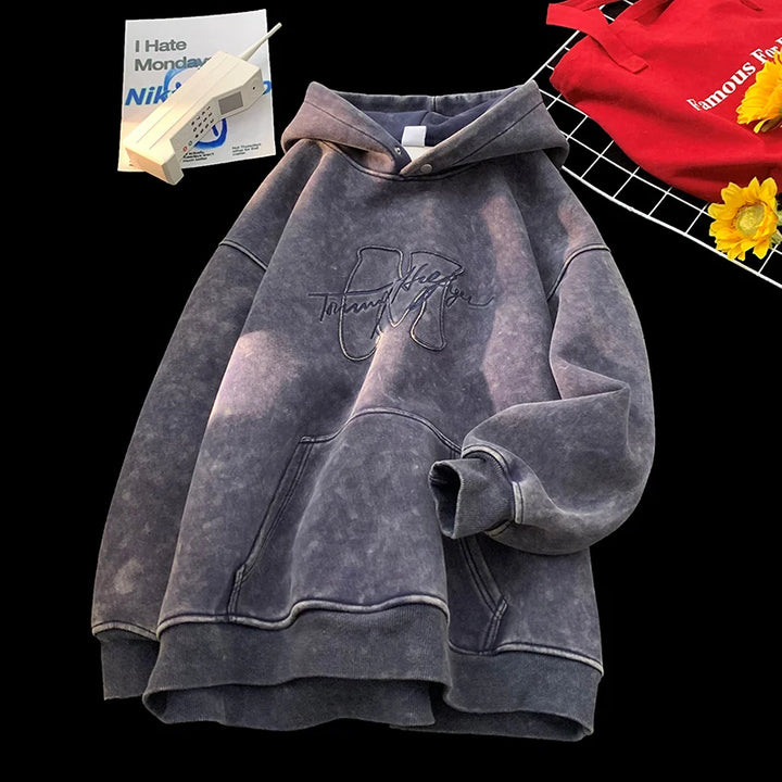 Retro Washed Hooded Sweatshirt 2025 New Fall Winter Street Style Men Hoodie Letters Embroidery Loose Hooded Top Oversize Hoodies