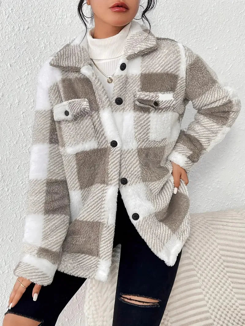 Europe and the United States autumn and winter lapel plaid coat