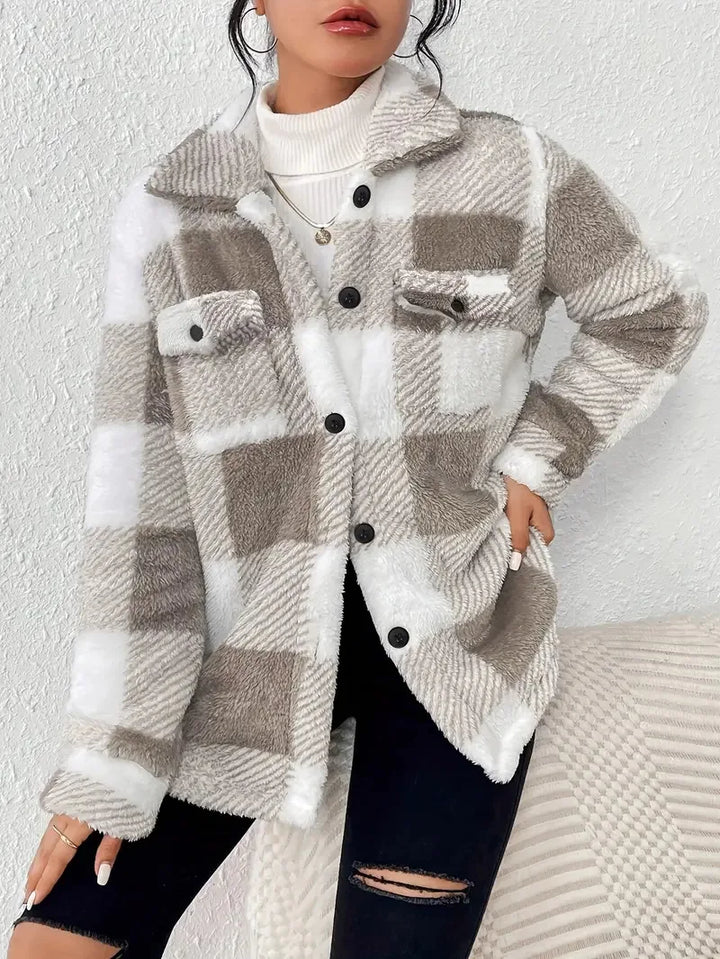 Europe and the United States autumn and winter lapel plaid coat