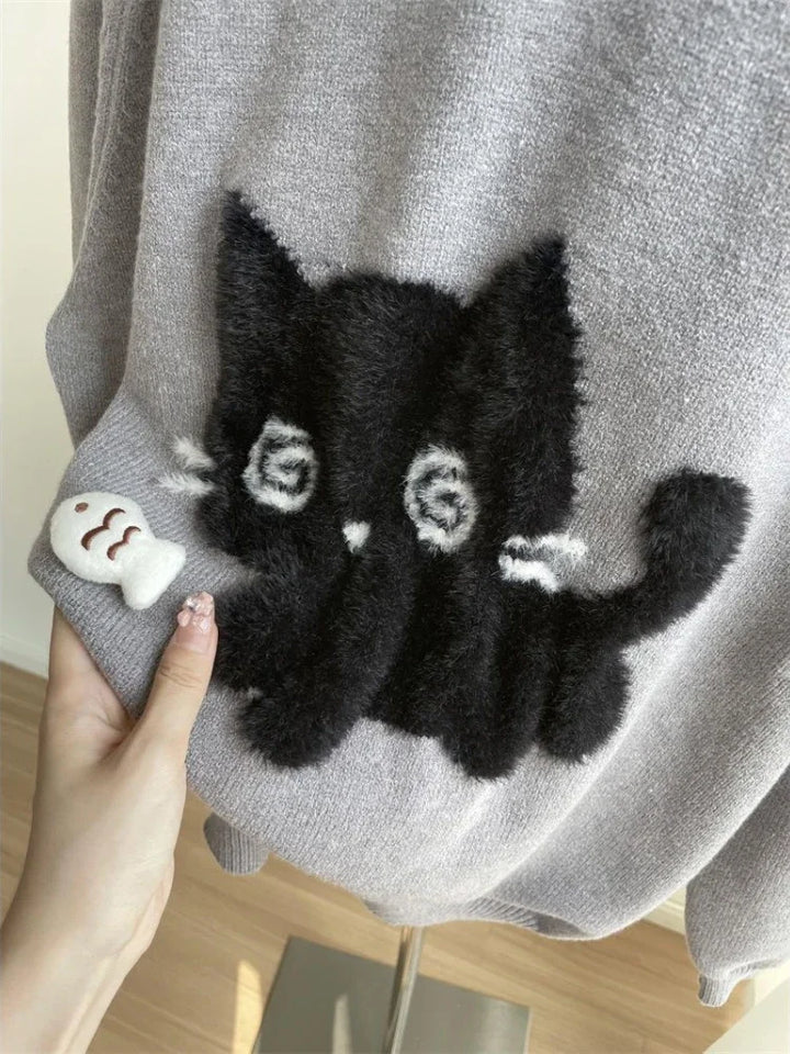 Gray Cute Cat O-neck Knit Elegant Pullover Woman 2024 Winter Design Harajuku Tops Feamale Y2k Long Sleeve Retro Sweaters Mujer