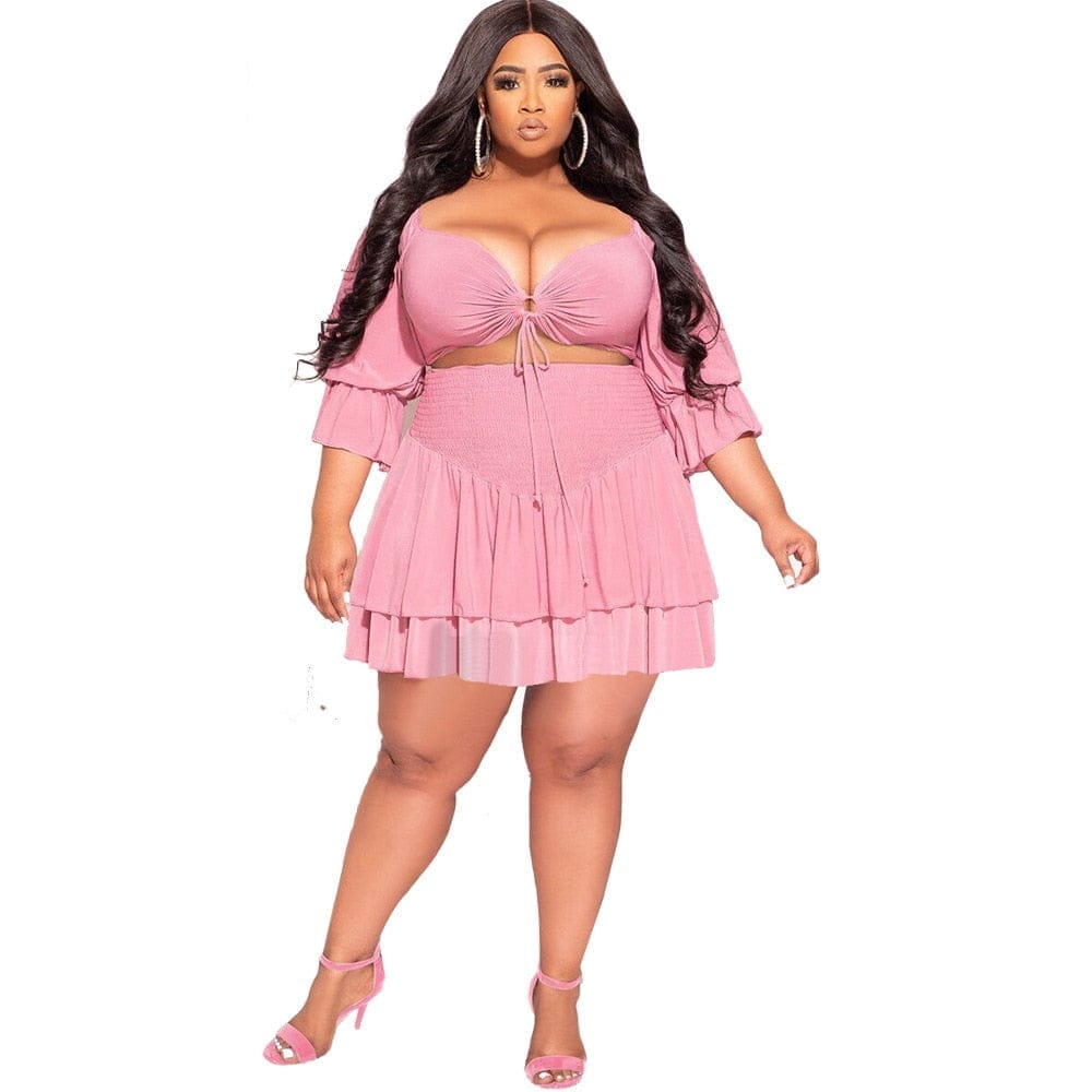 Sexy Lace Up Ruffles Mini Skirts Two Piece Set Plus Size Women Clothin –  Bennys Beauty World