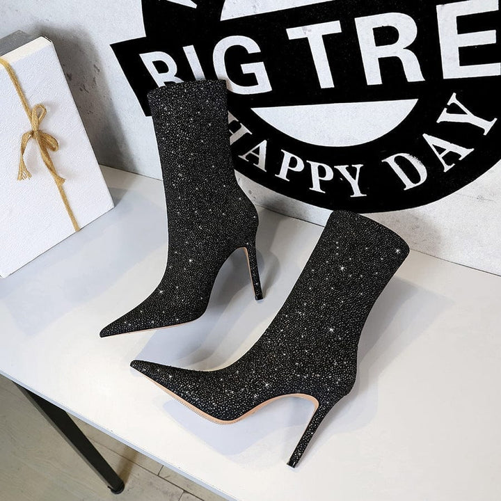 Shining Fabric Thin Skinnys Women's Stiletto High Heel Stretch Ankle Boots BENNYS