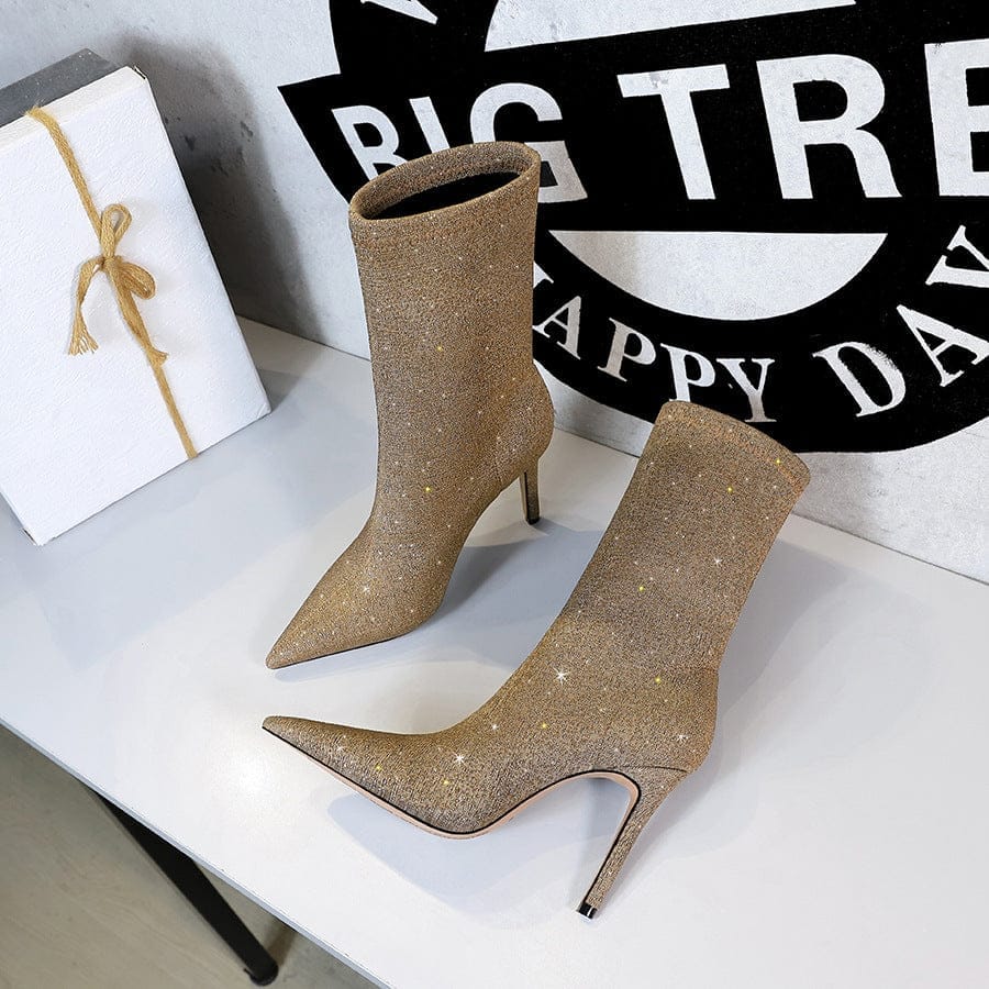 Shining Fabric Thin Skinnys Women's Stiletto High Heel Stretch Ankle Boots BENNYS