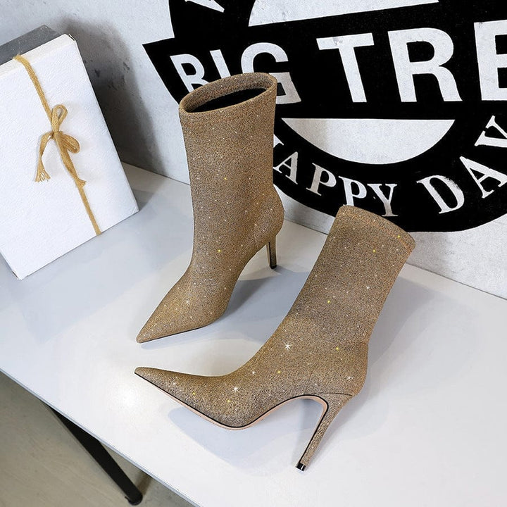 Shining Fabric Thin Skinnys Women's Stiletto High Heel Stretch Ankle Boots BENNYS