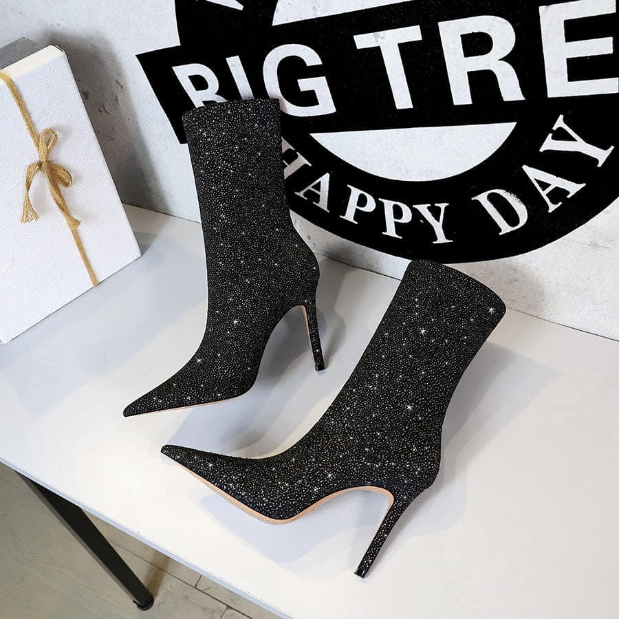 Shining Fabric Thin Skinnys Women's Stiletto High Heel Stretch Ankle Boots BENNYS