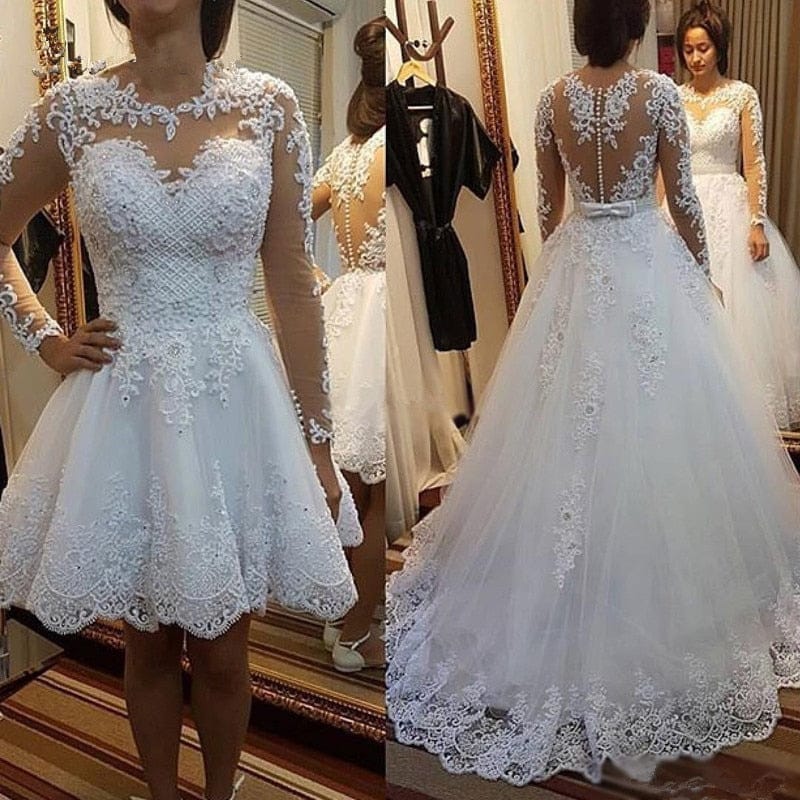 Sleeves Lace Illusion Short Bridal Gowns – Bennys Beauty World