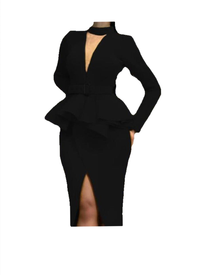 Space layer V-neck slit bag hip dress BENNYS