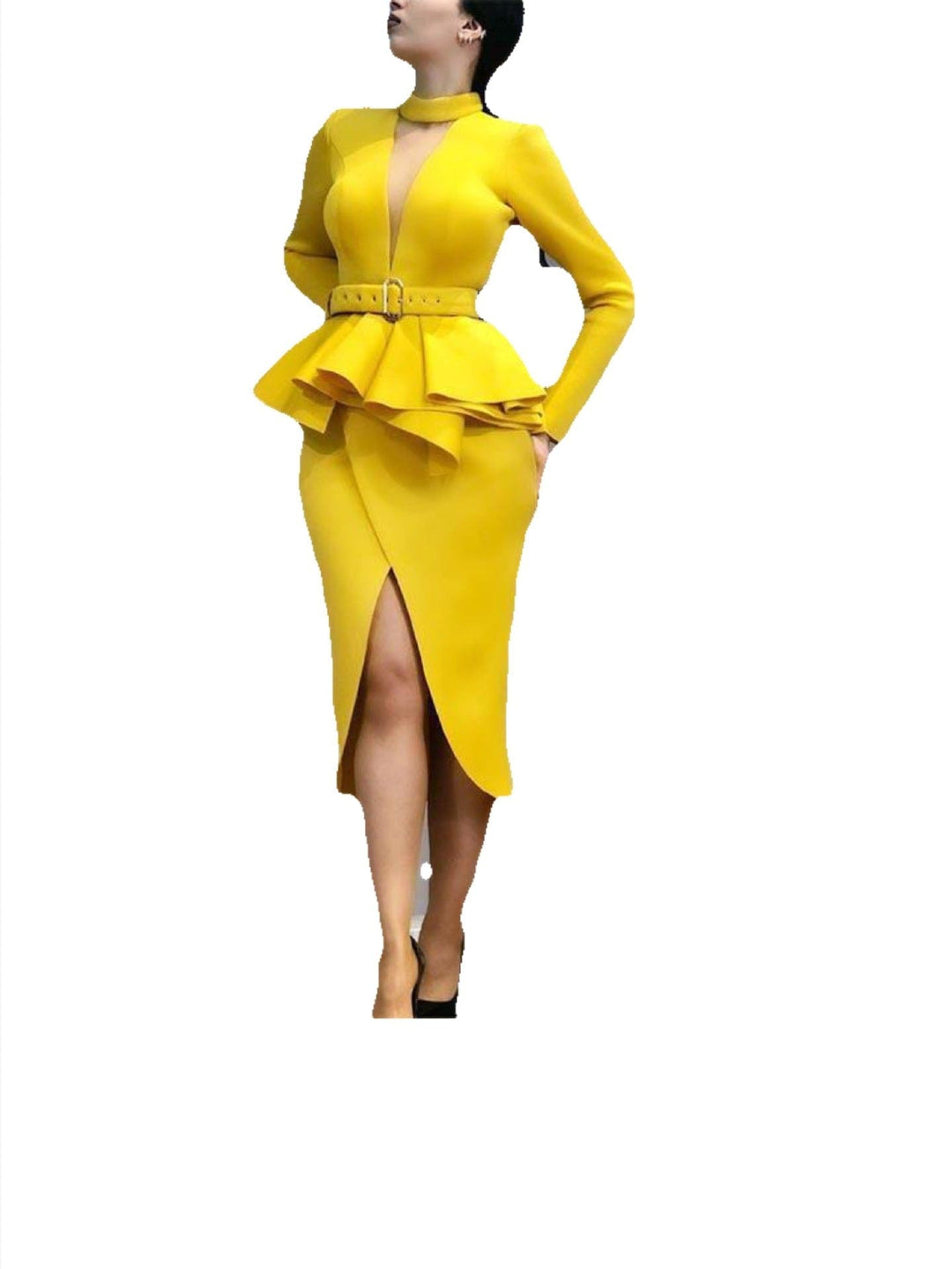 Space layer V-neck slit bag hip dress BENNYS