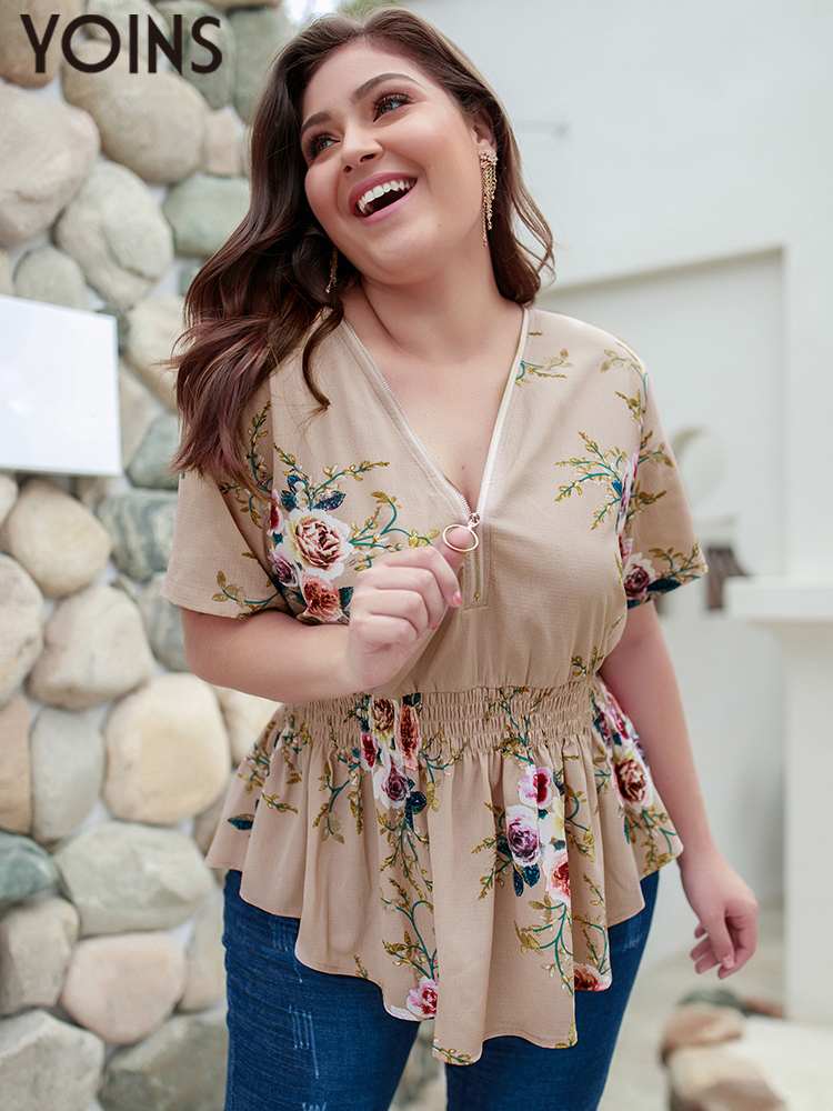 Summer Short Sleeve Top Bohemian Floral Print V-neck Blouse BENNYS