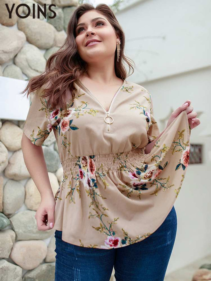 Summer Short Sleeve Top Bohemian Floral Print V-neck Blouse BENNYS