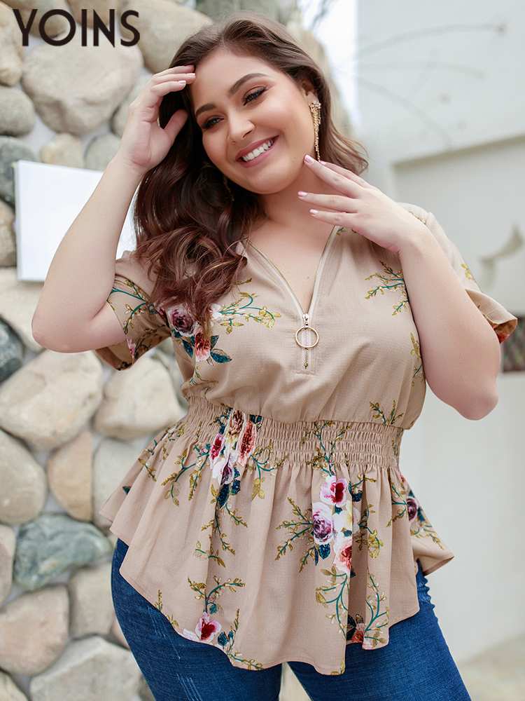 Summer Short Sleeve Top Bohemian Floral Print V-neck Blouse BENNYS