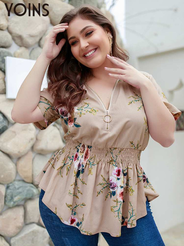 Summer Short Sleeve Top Bohemian Floral Print V-neck Blouse BENNYS