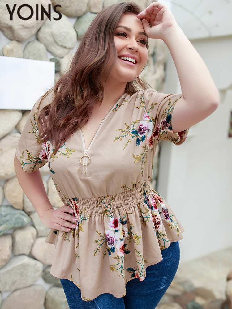 Summer Short Sleeve Top Bohemian Floral Print V-neck Blouse BENNYS