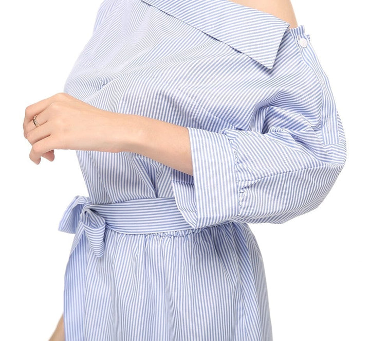 Summer Women Dress Blue Striped Shirt Short Dress BENNYS