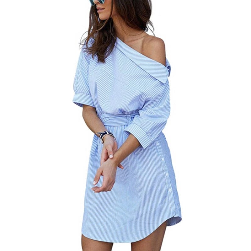 Summer Women Dress Blue Striped Shirt Short Dress BENNYS