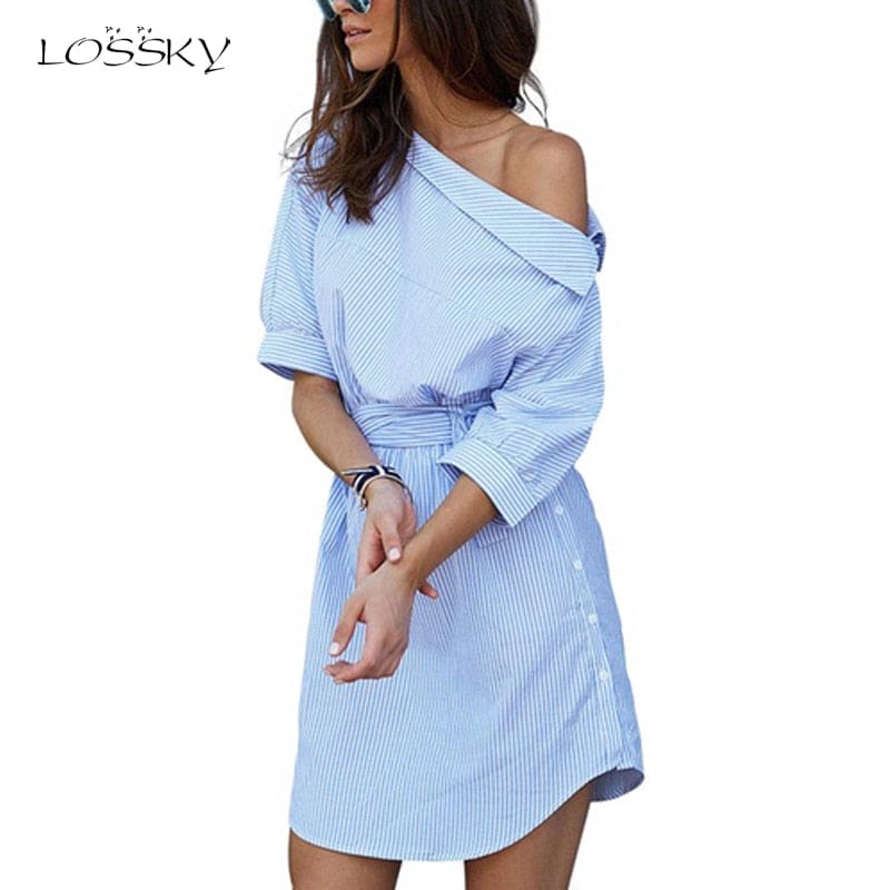 Summer Women Dress Blue Striped Shirt Short Dress BENNYS