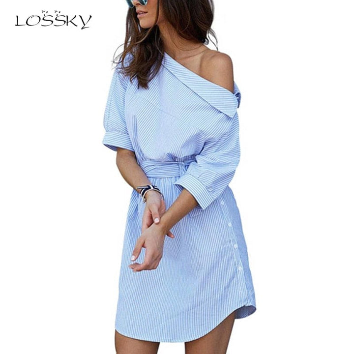 Summer Women Dress Blue Striped Shirt Short Dress BENNYS