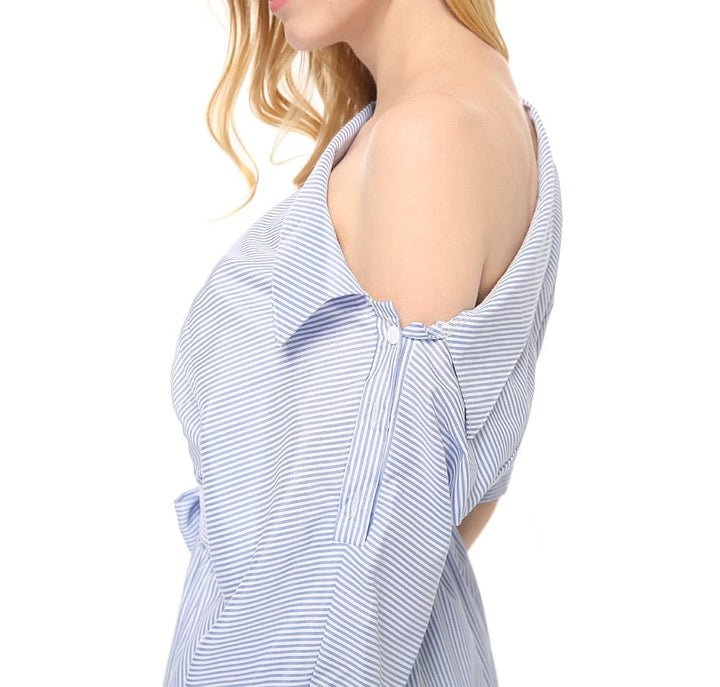 Summer Women Dress Blue Striped Shirt Short Dress BENNYS
