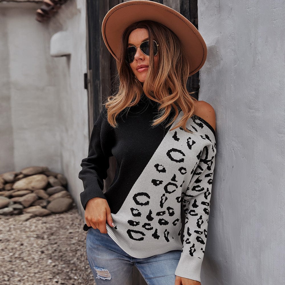 Sweater Leopard Pattern Stitching Top Waistcoat Long Sleeve Women BENNYS
