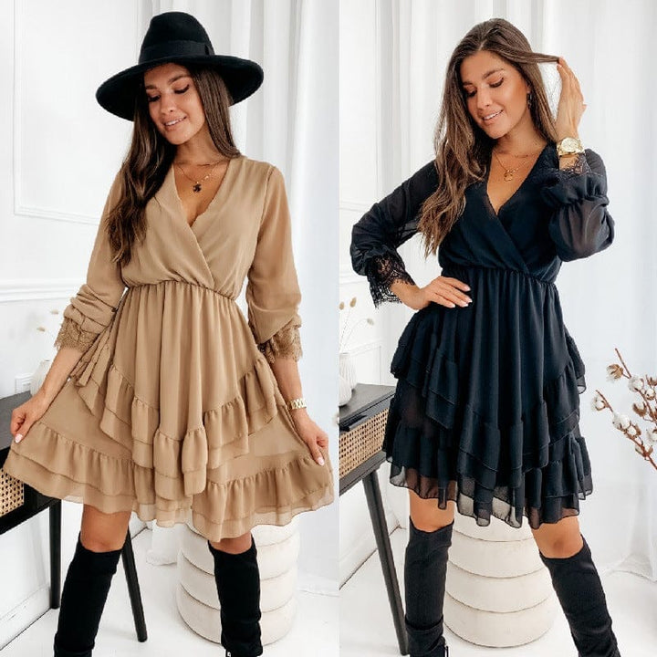 Turtleneck Long Sleeve V-Neck Ruffle Skirt Chiffon Dress BENNYS