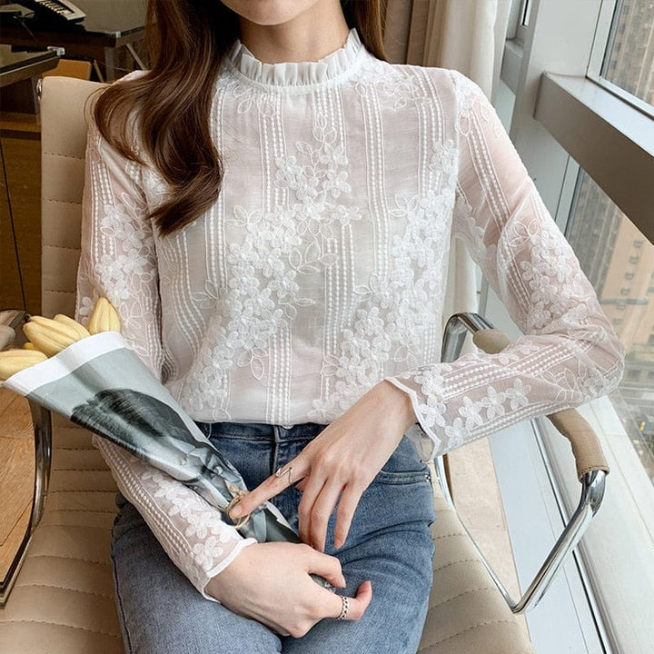 White Lace Blouse Shirt Long Sleeve Blouse For Women BENNYS