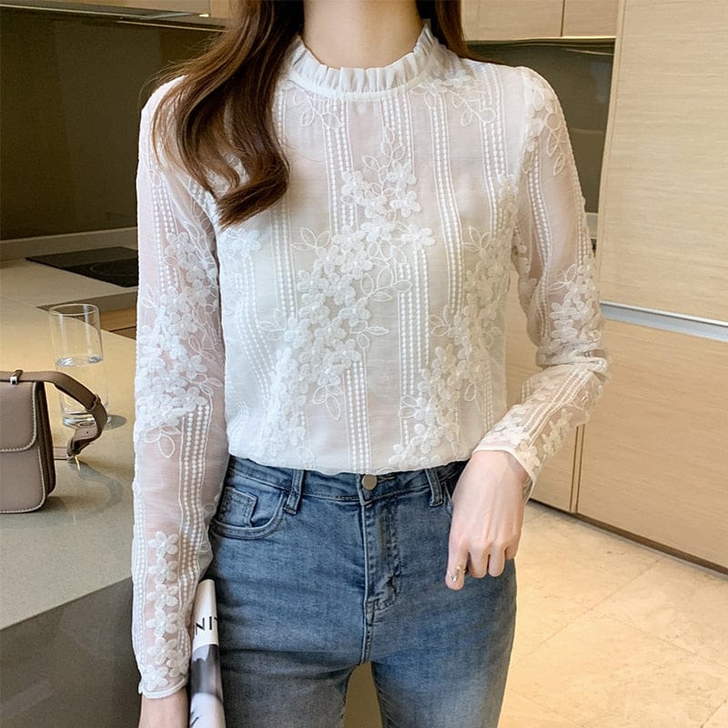 White Lace Blouse Shirt Long Sleeve Blouse For Women BENNYS