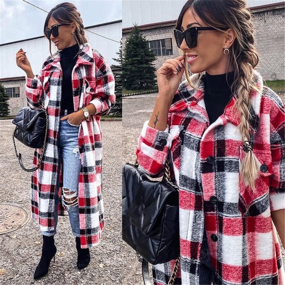 Winter Long Sleeve Red Plaid Jacket For Women BENNYS