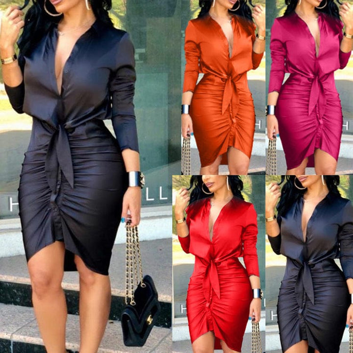 Women Lace-up Solid Color Long Sleeve Midi Dress Shirt Dress Elegant Fashion Party Dress BENNYS