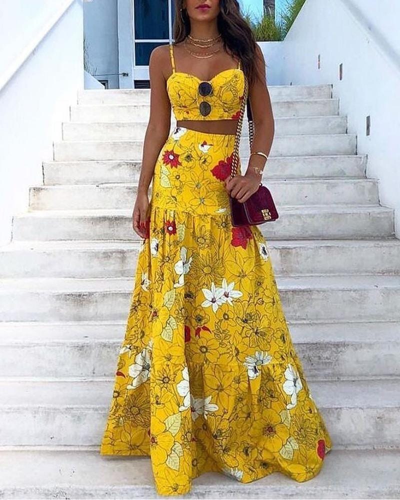 yellow two piece maxi dress Elegant Two Piece Yellow Prom Dress with Lace Top FancyVestido