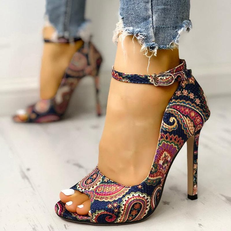 Women s High Heels Printed Pumps Peep Toe Sandals