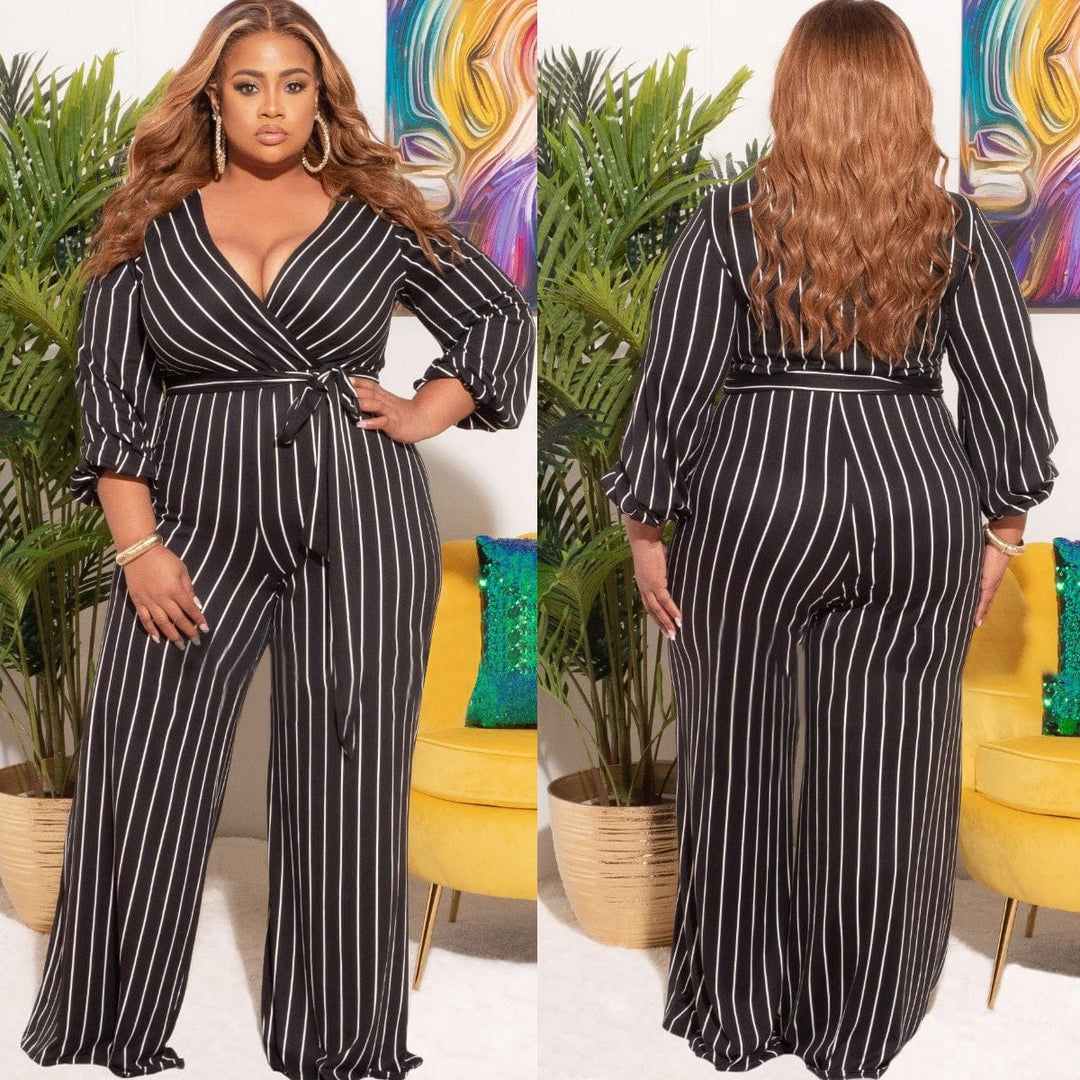 Women's Placement Print Striped Plus Size V-Neck Jumpsuit BENNYS