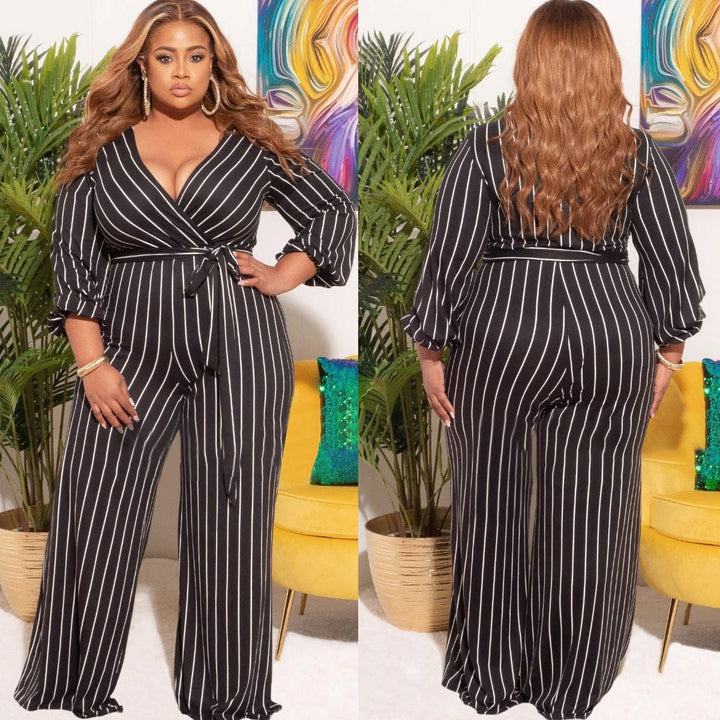 Women's Placement Print Striped Plus Size V-Neck Jumpsuit BENNYS