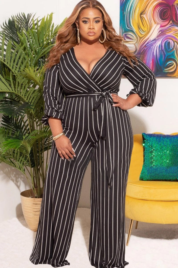 Women's Placement Print Striped Plus Size V-Neck Jumpsuit BENNYS