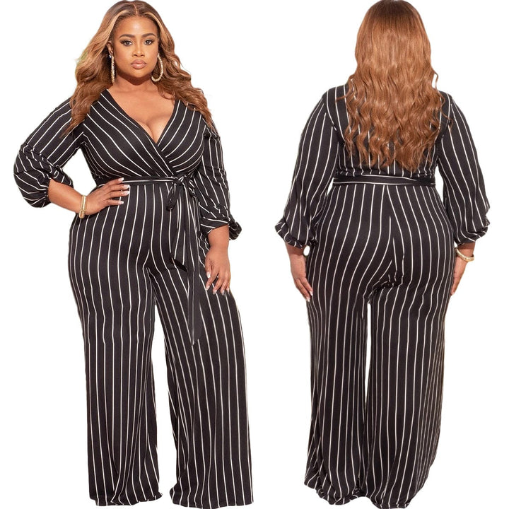 Women's Placement Print Striped Plus Size V-Neck Jumpsuit BENNYS