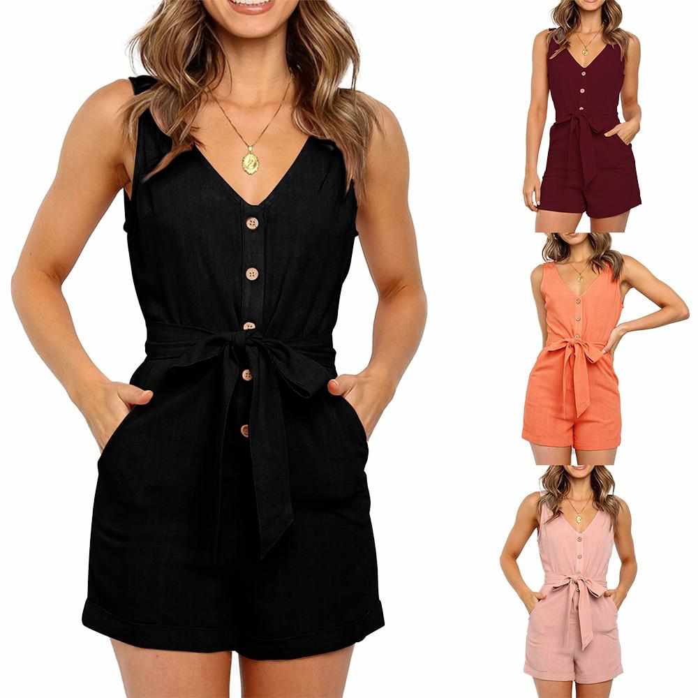 Women's Sexy V Neck Cotton Sleeveless Playsuit  Short Jumpsuit Femme Rompers BENNYS