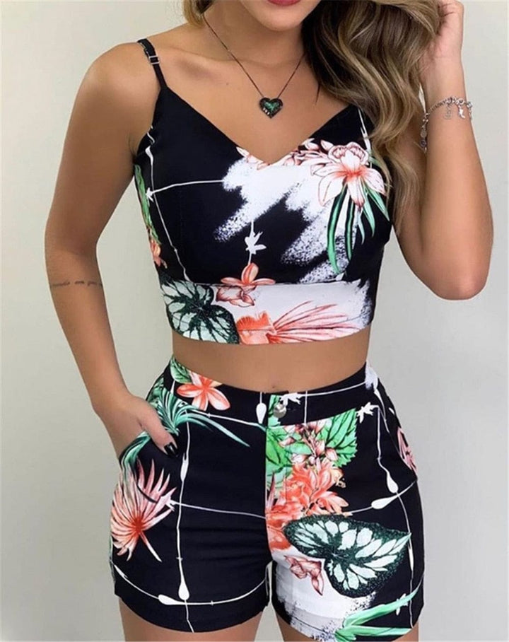 Women's Shorts 2 Pieces Sets Summer Office Lady Floral Female Outfits BENNYS