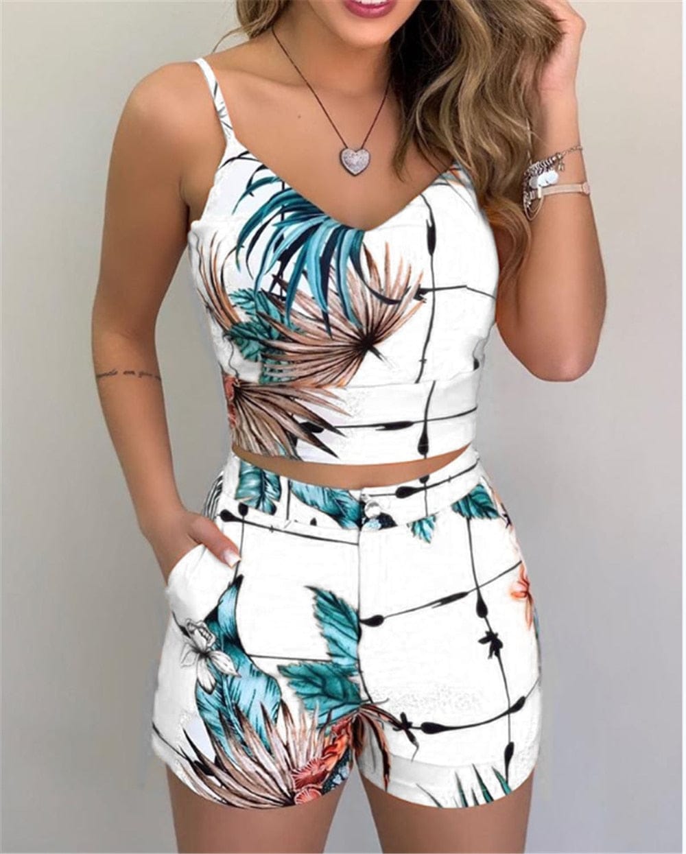 Women's Shorts 2 Pieces Sets Summer Office Lady Floral Female Outfits BENNYS