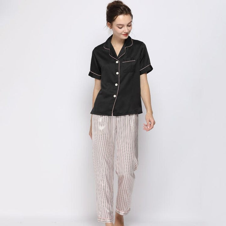 Women's Silk Suit Short Sleeve Trousers Loose High Waist Sleepwear BENNYS