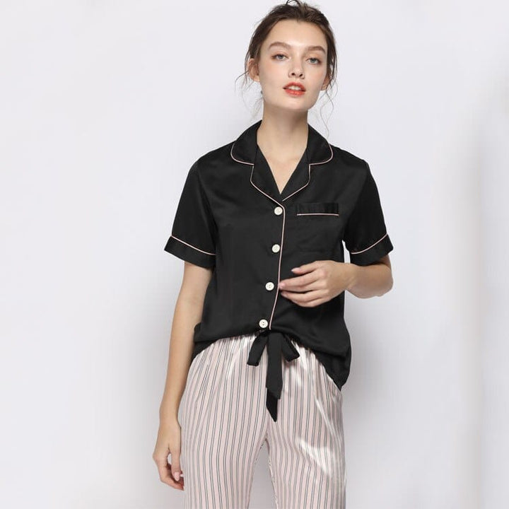 Women's Silk Suit Short Sleeve Trousers Loose High Waist Sleepwear BENNYS