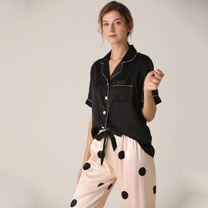Women's Silk Suit Short Sleeve Trousers Loose High Waist Sleepwear BENNYS