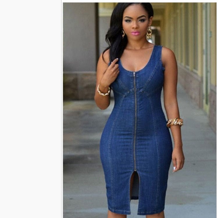 Women's Summer Sleeveless Denim Dress Slim Zipper Jeans Dress BENNYS