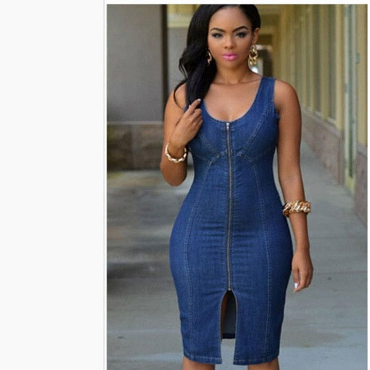 Women's Summer Sleeveless Denim Dress Slim Zipper Jeans Dress BENNYS