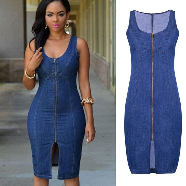 Women's Summer Sleeveless Denim Dress Slim Zipper Jeans Dress BENNYS