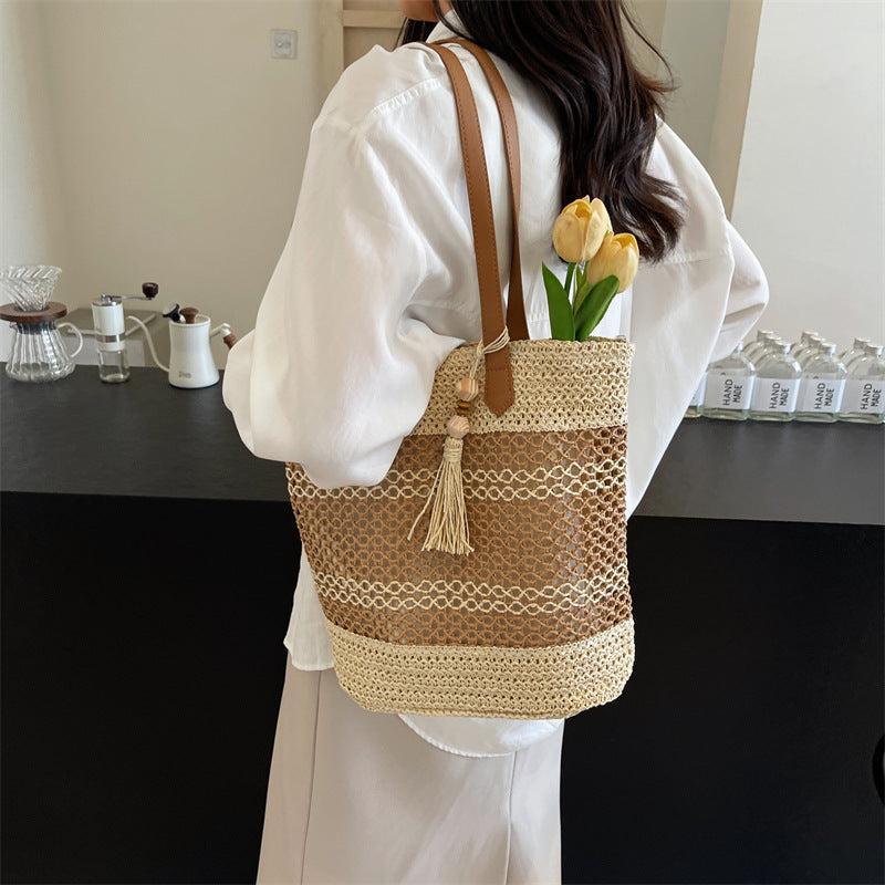 Summer Stripe Straw Shoulder Bags With Tassel Pendant